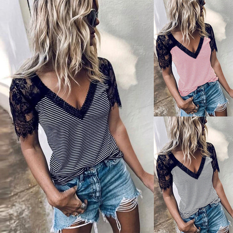 Women's Fur Lace V-Neck Panel Stripe T-Shirt