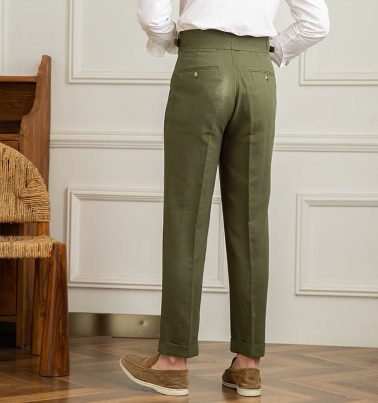 Casino Royale Linen Blend Double Pleated Straight Fit Trousers