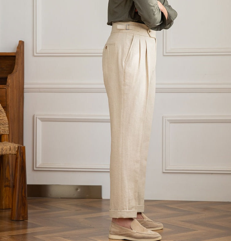 Casino Royale Linen Blend Double Pleated Straight Fit Trousers