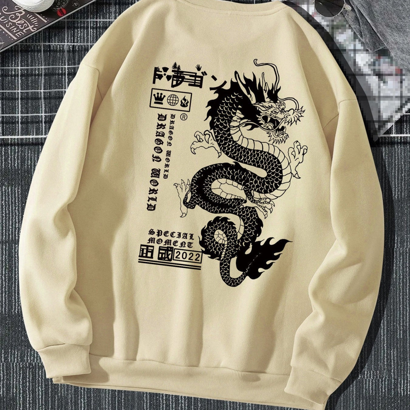 Pull à col rond ample à imprimé dragon de Tokyo pour homme, automne et hiver