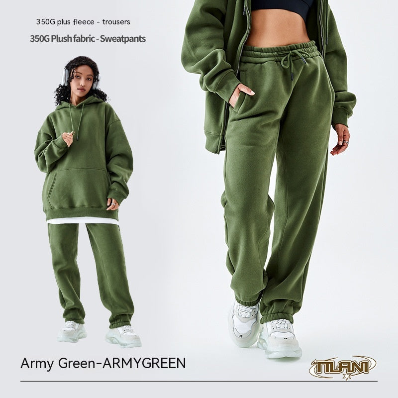 Fleece-lined Thick Loose Solid Color Sweatpants
