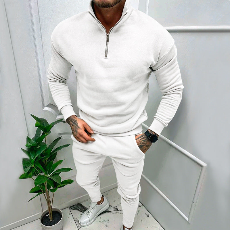 Men's Casual Fleece-lined Solid Color Top And Trousers Suit