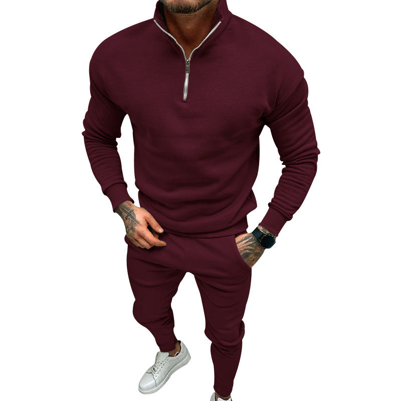 Men's Casual Fleece-lined Solid Color Top And Trousers Suit