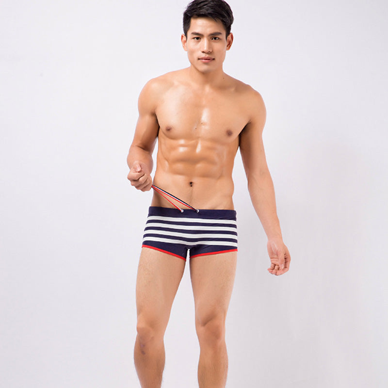 sexy lace-up striped men's slim swimming shorts