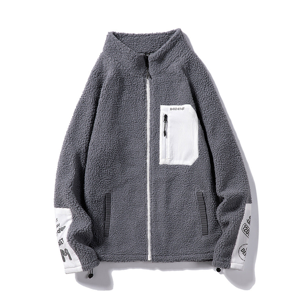 Pocket raglan sleeve stand collar sweater