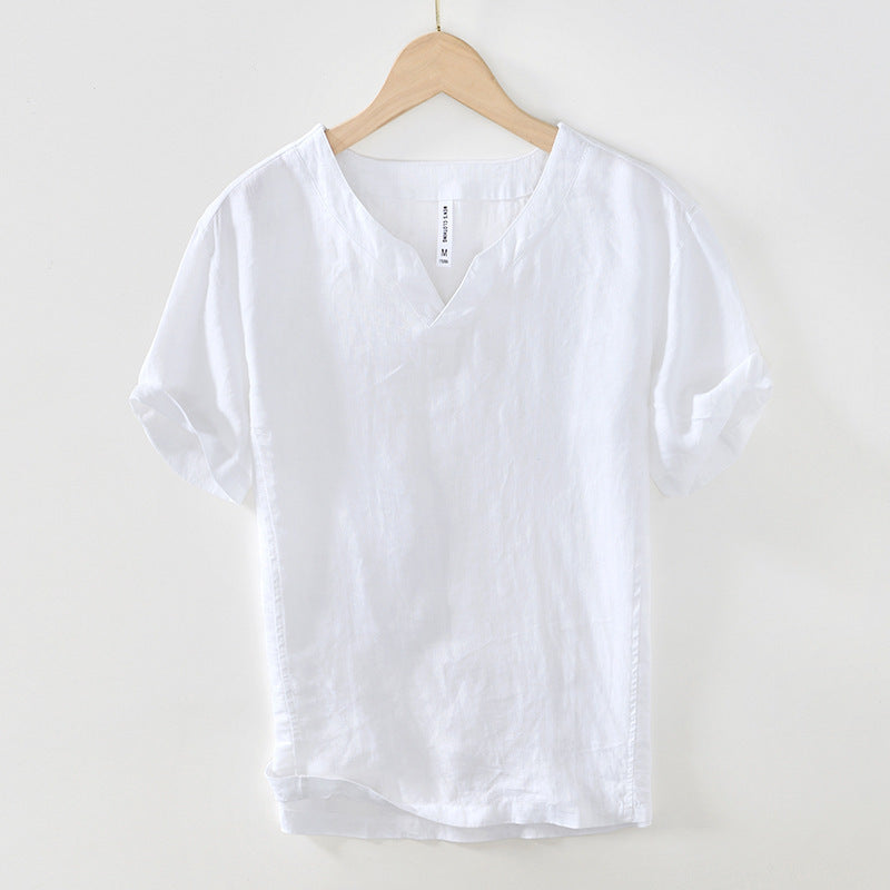 Men's Retro V-neck Linen Bottoming Shirt Short-sleeved T-shirt