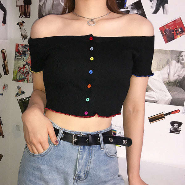 Colorful Button Off-Shoulder Navel Top