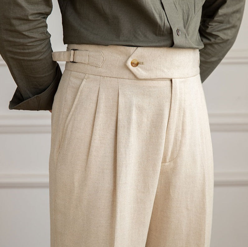 Casino Royale Linen Blend Double Pleated Straight Fit Trousers