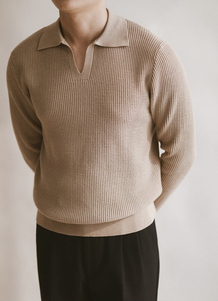 Textured Buttonless Knit Long Sleeve Polo Shirt