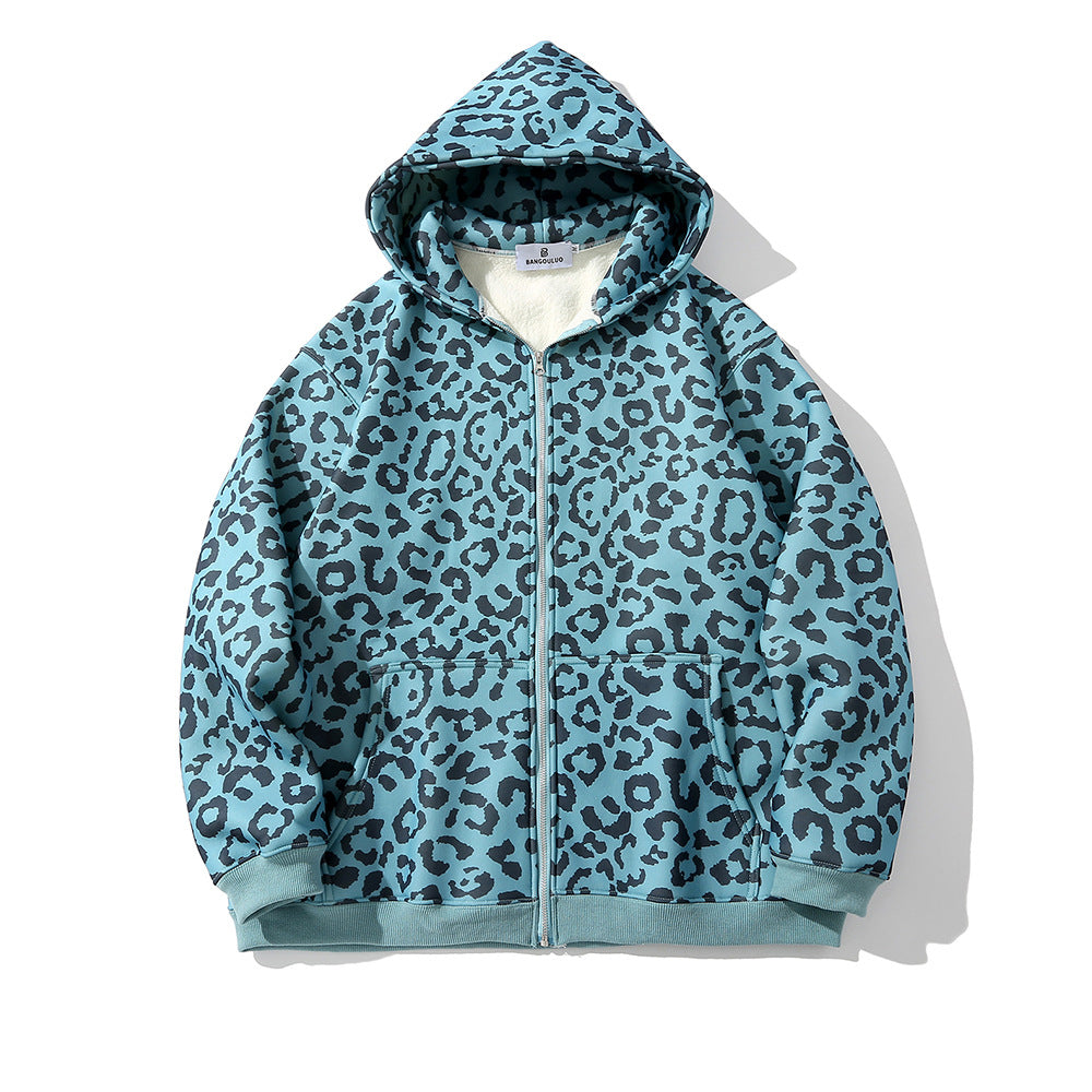 Leopard Printed Fleece Cardigan Sweater Jacket