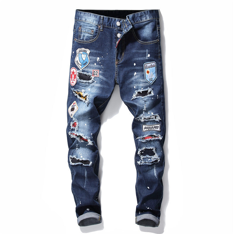 mens denim zipper blue hole Pencil Pants