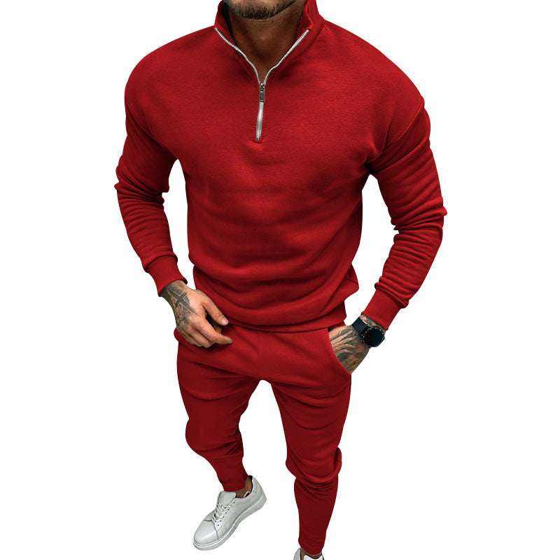 Men's Casual Fleece-lined Solid Color Top And Trousers Suit