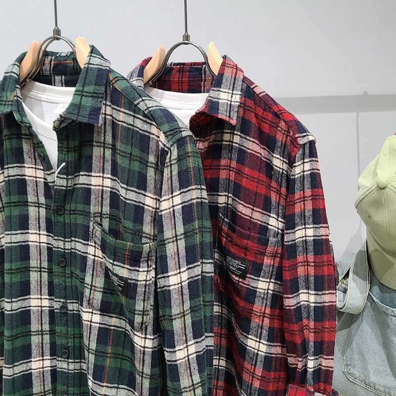 Green Plaid Cotton Long Sleeve Shirt