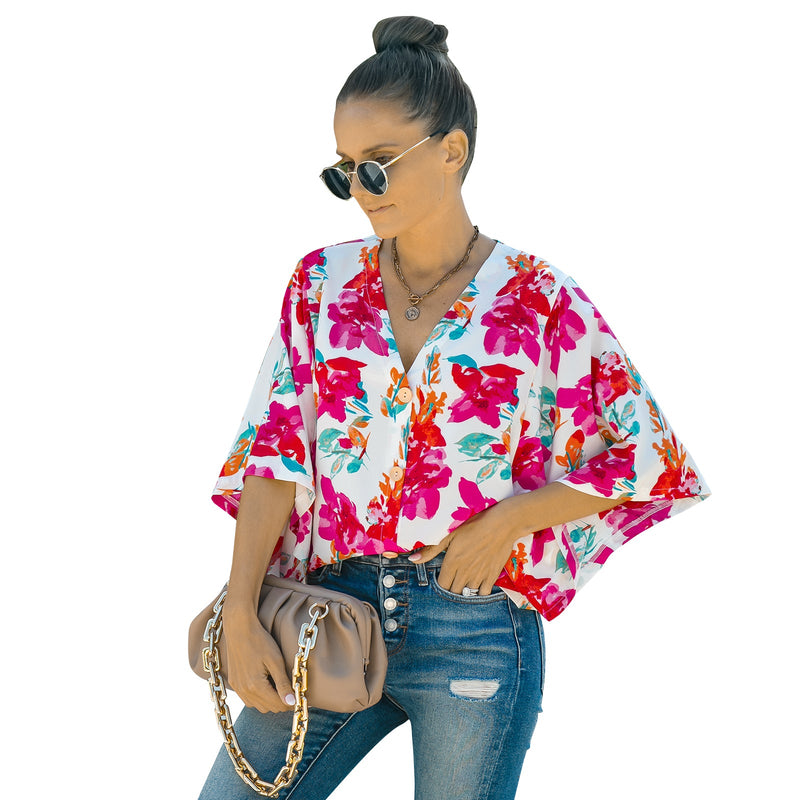 European And American Women's Five-quarter Sleeve Loose Floral Shirt