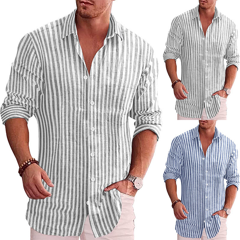 Casual Youth Lapel Striped Cotton Shirt