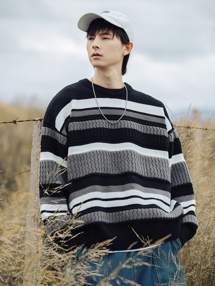 Striped Twisted Patchwork Round Neck Sweater For Men