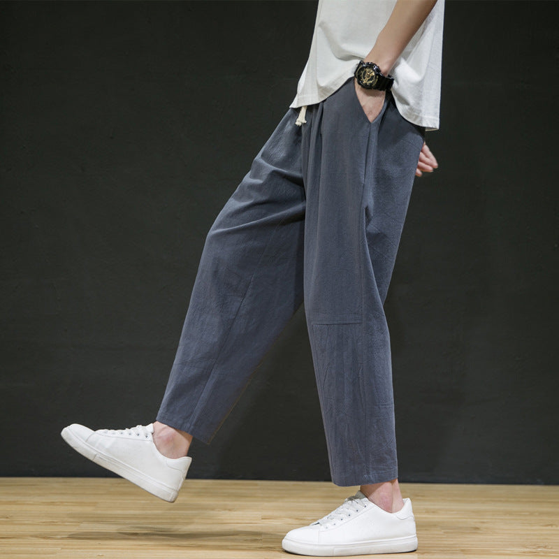 Men's Cotton And Linen Loose Linen Straight-leg Cropped Trousers