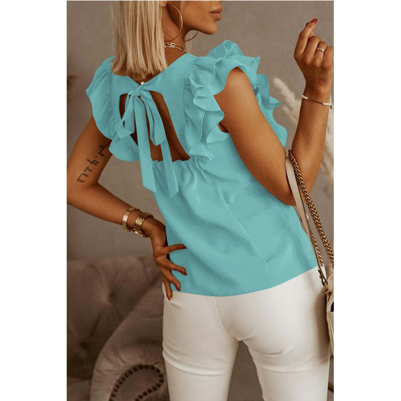 Women's Loose Round Neck Solid Color Ruffle Short Sleeve Shirt