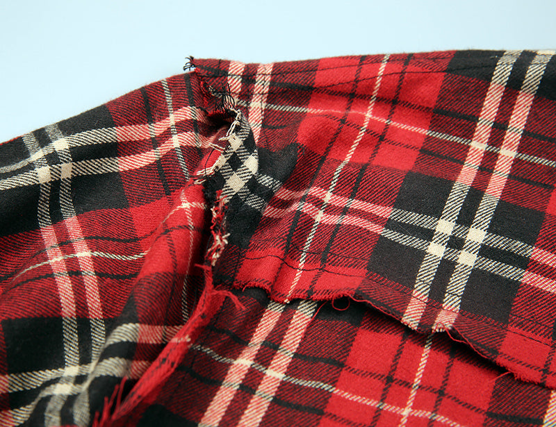 Scottish Red Plaid Long Tattered Rock Bottoming Cotton Shirt