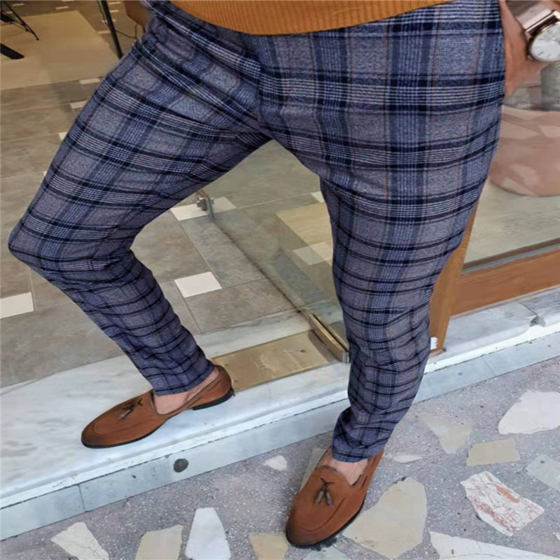 Stretch Slim Fit Pencil Pants Printed Plaid Business Casual Trousers