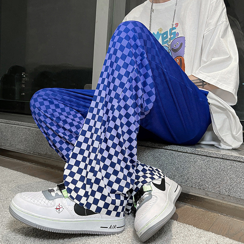 Gradient Color Chessboard Grid Ice Silk Mop Trousers