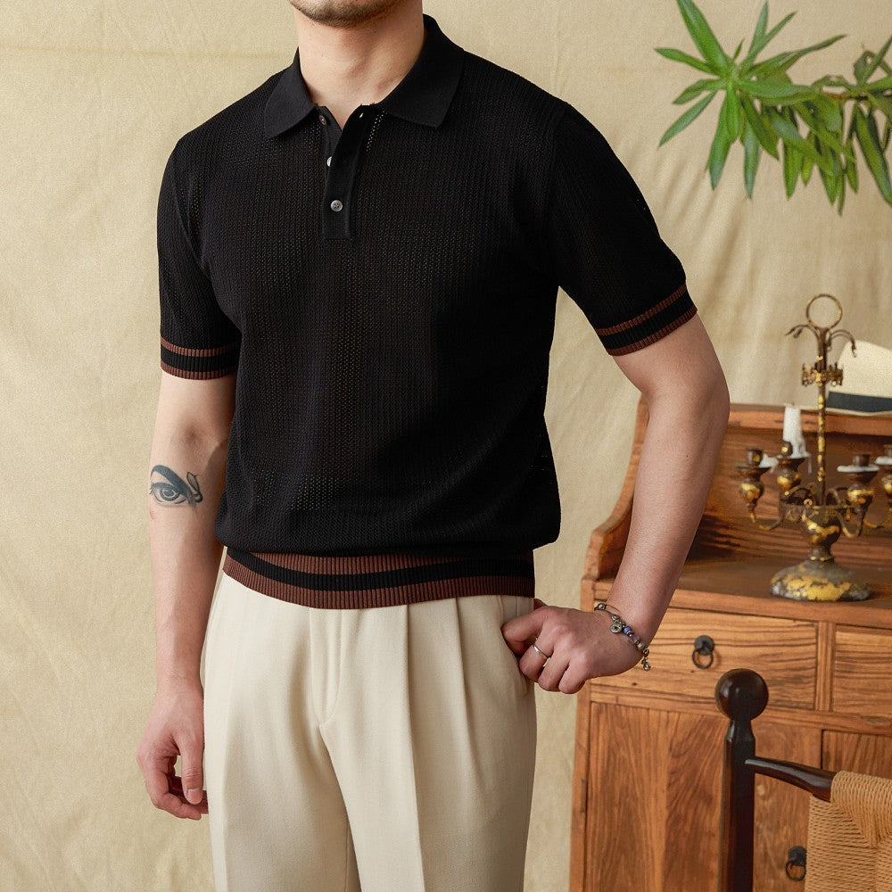 Dolce Contrast Crochet Knit Short Sleeve Polo Shirt