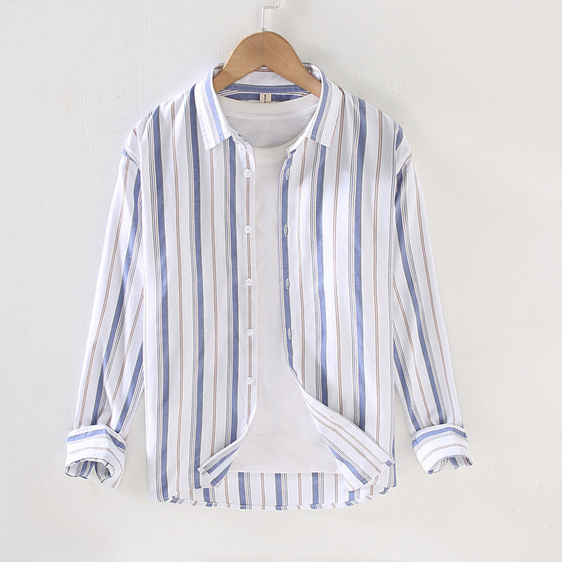 Men Casual Striped Loose Long Sleeve Lapel Shirt