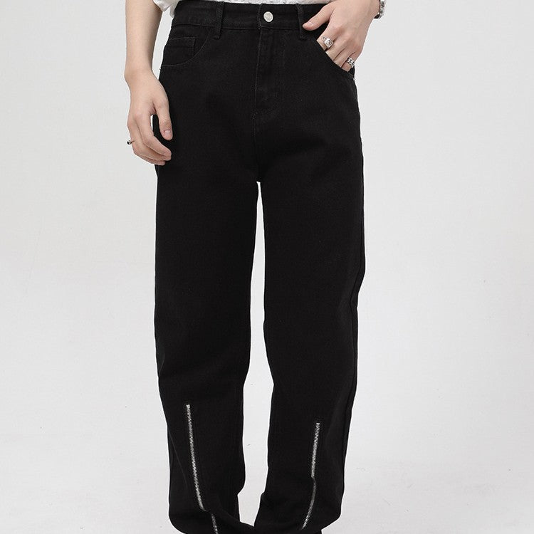 Men's Double Zipper Split Black Jeans