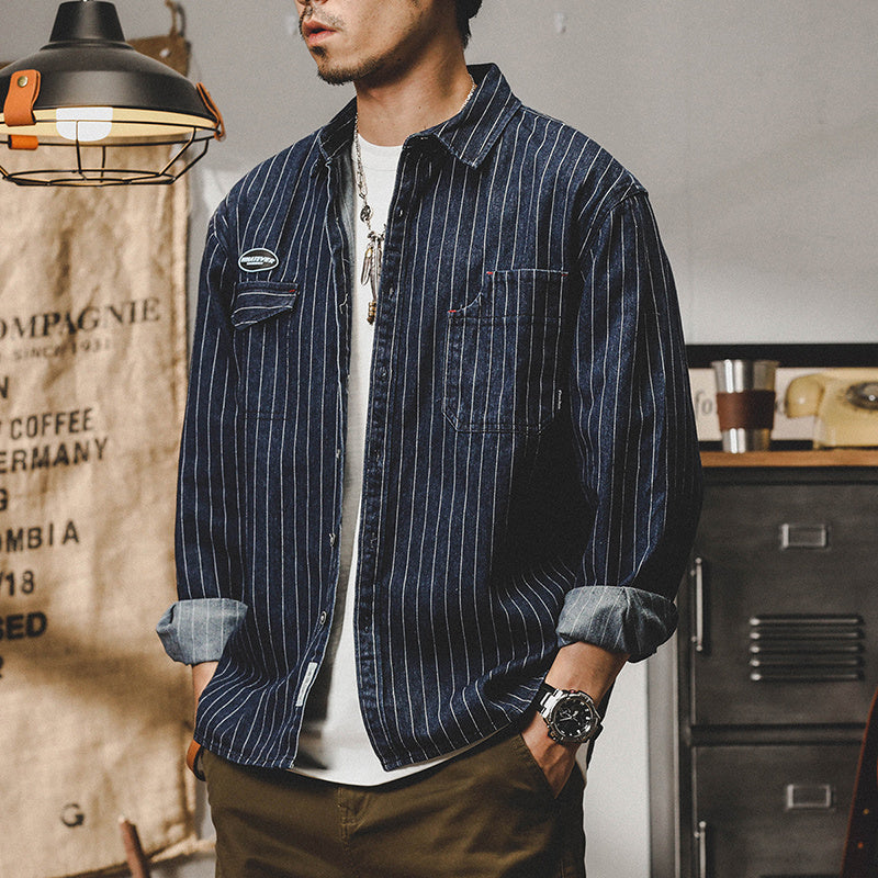 American-style Heavy Striped Denim Shirt