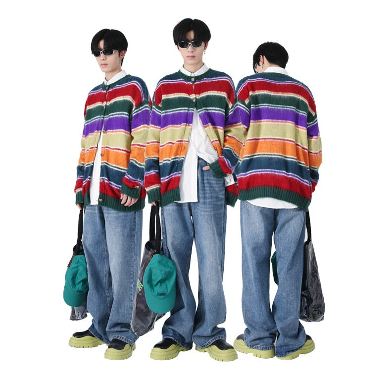 Retro Contrast Color Rainbow Striped Cardigan Knitted Sweater For Men