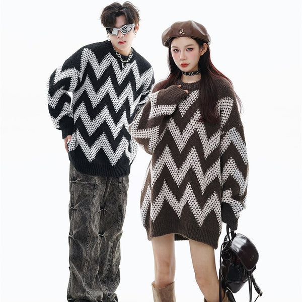 Retro Diamond Plaid Contrast Color Wave Striped Sweater