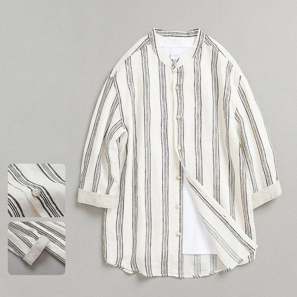 Retro Stand Collar Striped Casual Loose Linen 3/4 Sleeve Shirt