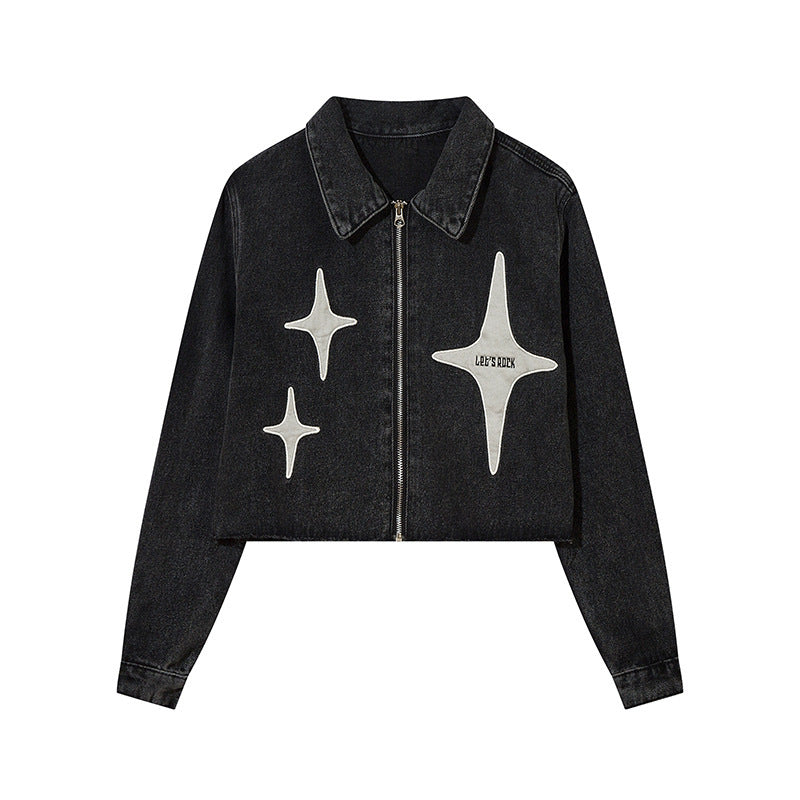 American Street Retro Twinkling Star Patch Washed Denim Jacket