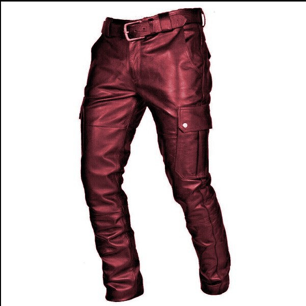 Fashion Solid Color PU Strap Casual Men's Leather Pants