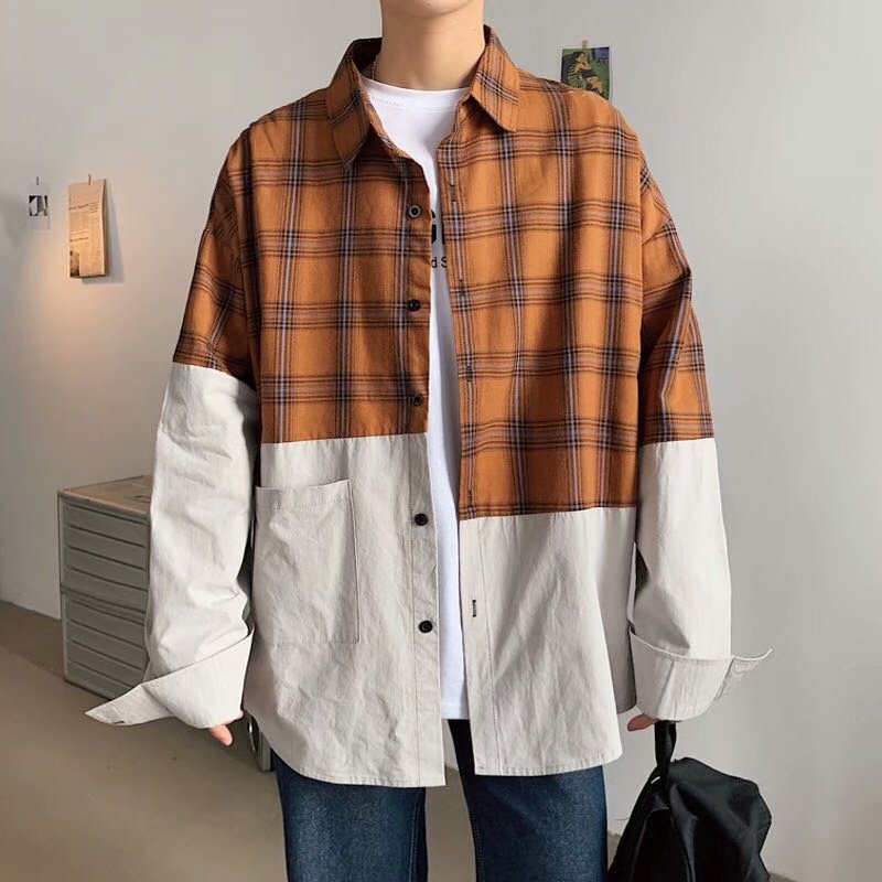 Autumn Japanese plaid stitching shirt men