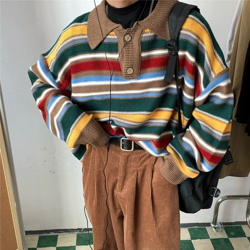 Suéter de punto polo a rayas de colores vintage