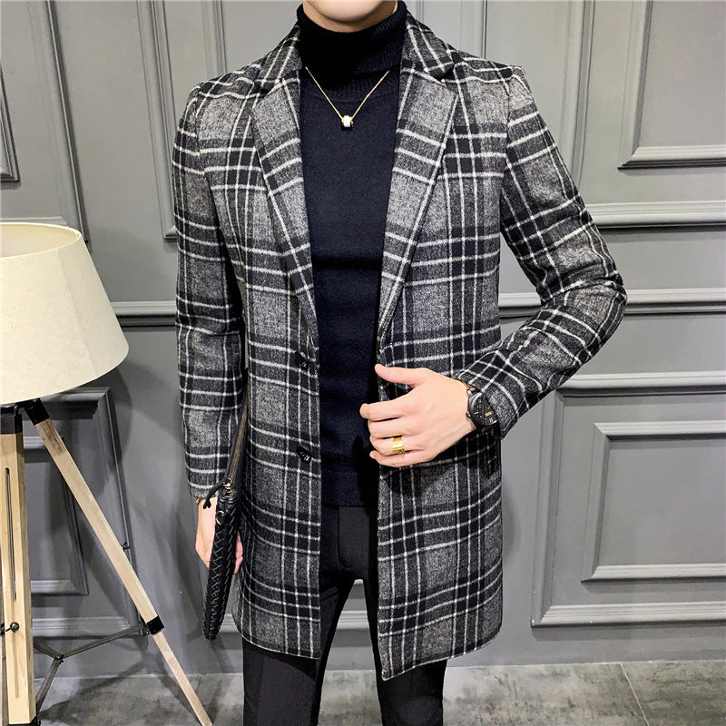 Long Woolen Gentleman plaid trench Coat