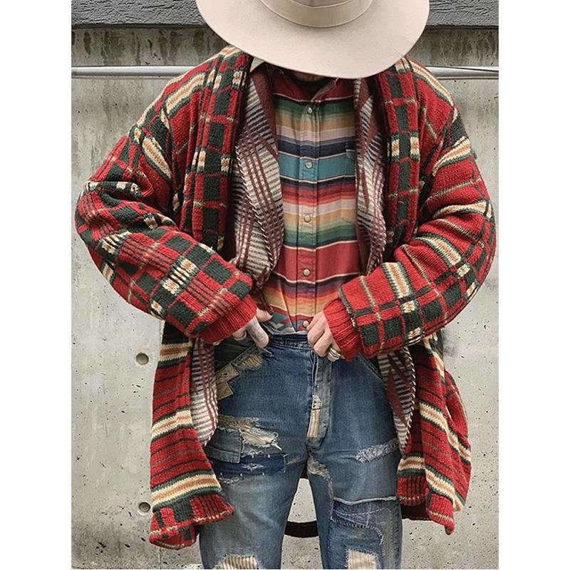 Fashion Check Knit Cardigan shirt men