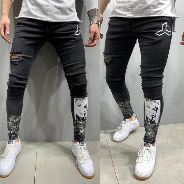 Men's Ripped Stretch Stiletto Black Jeans