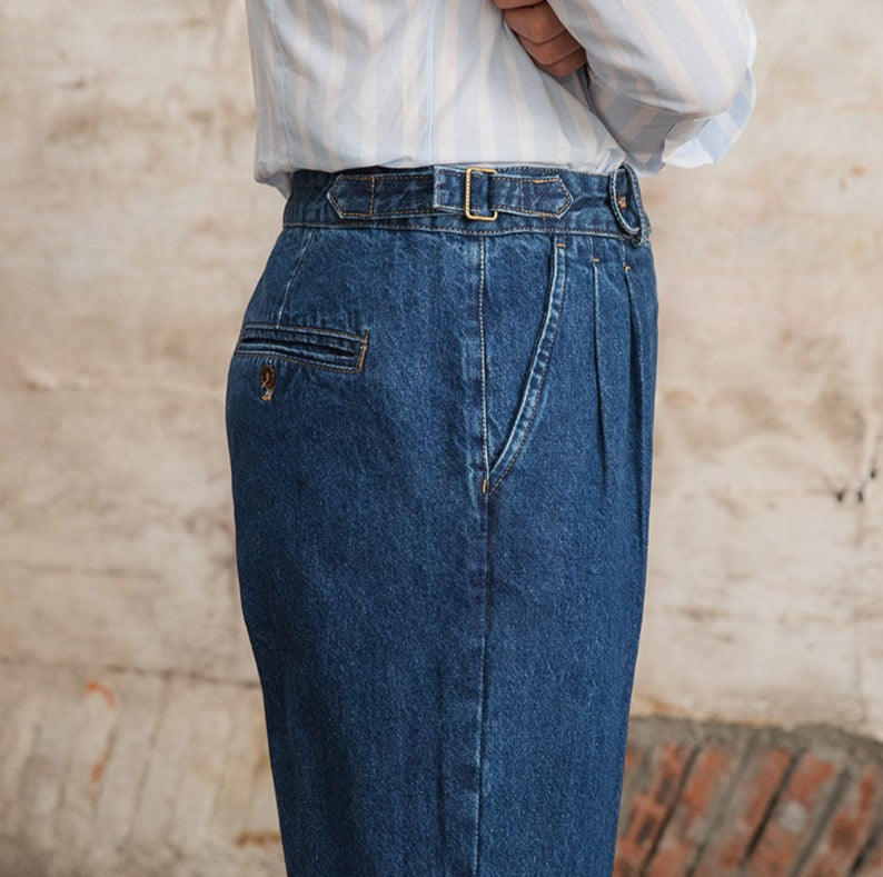 Barcelona Cotton Pleated Straight Fit Denim Trousers