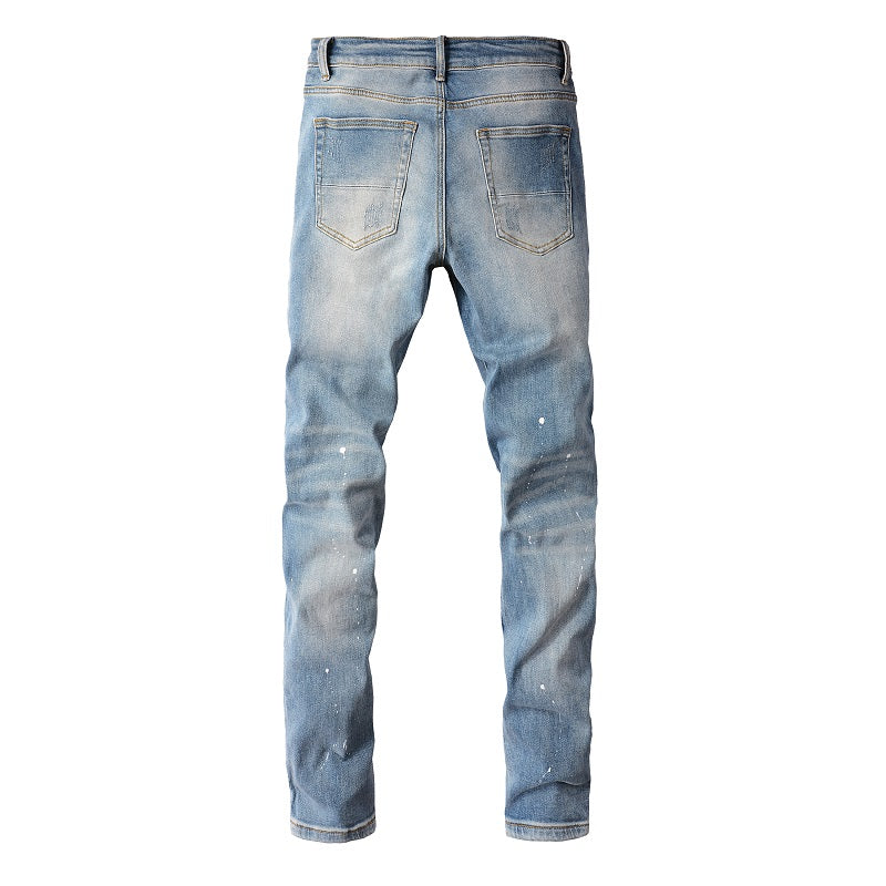High Street Worn Out Wash Paint Splashing Perforated Jeans