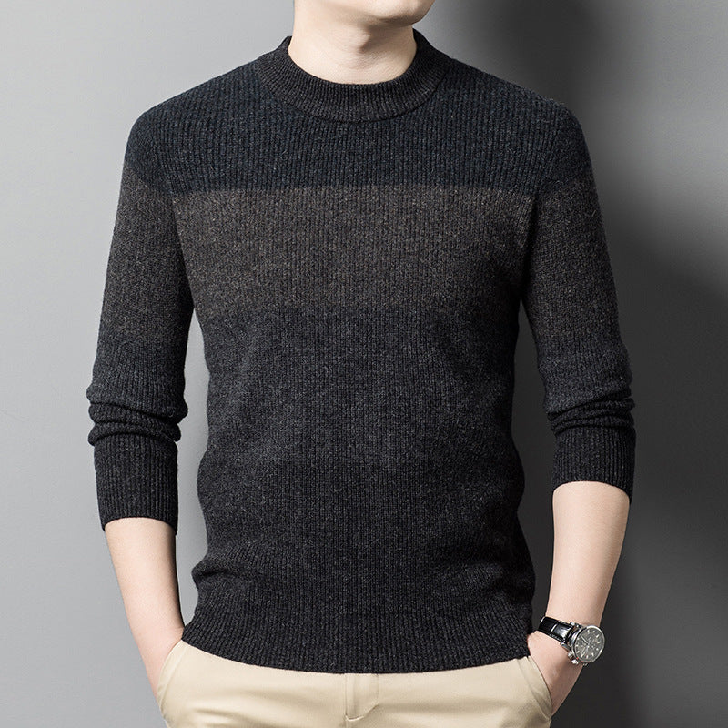 Middle-aged Worsted Round Neck Striped Casual Thick Sweater