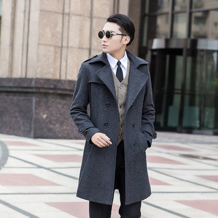 Woolen Striped Double Breasted Thickened Warm Windbreaker trench coat