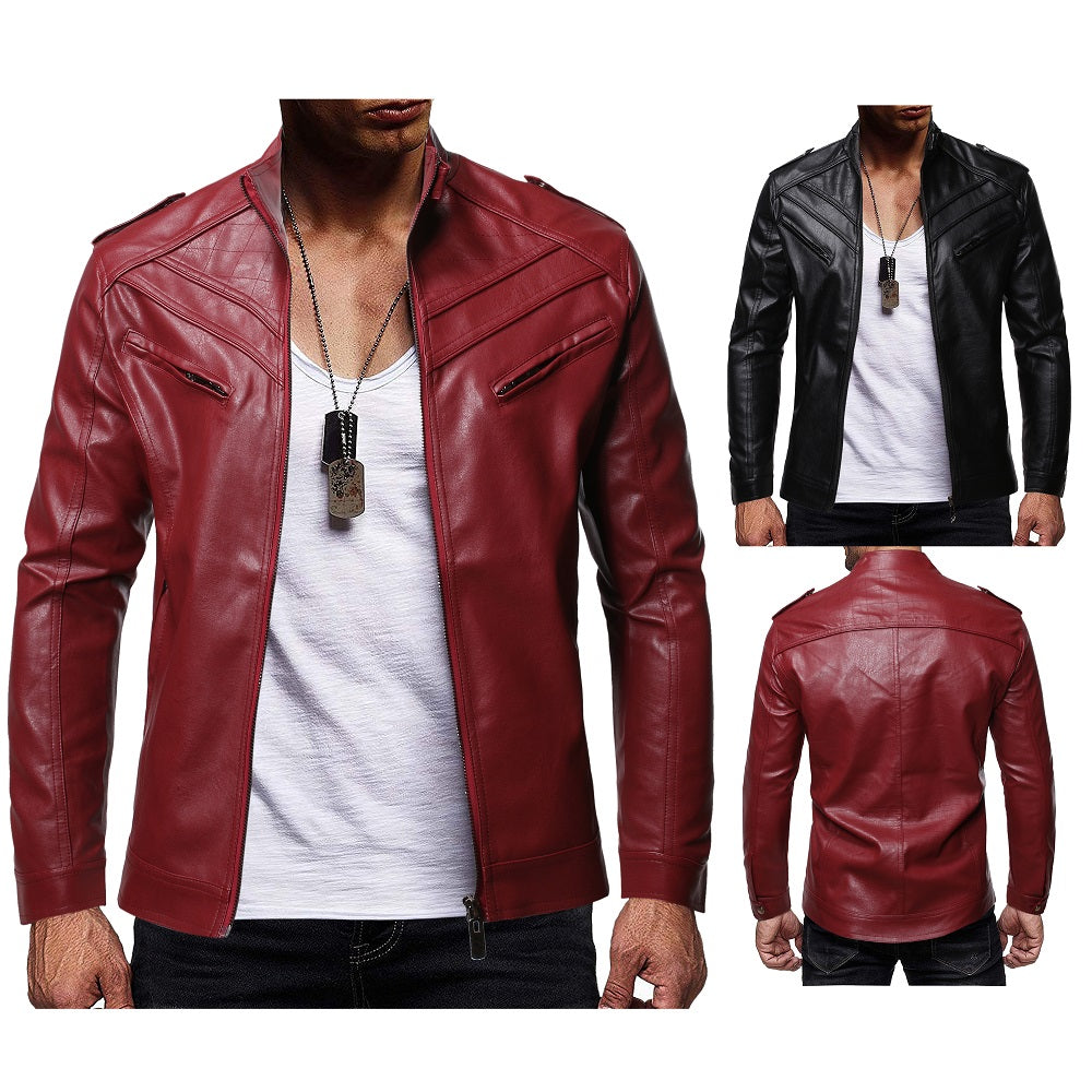 PU Leather Zipper Design Stand-up Collar jacket