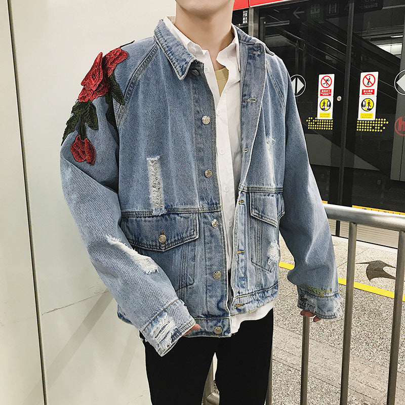 Spring safflower embroidered washed denim jacket