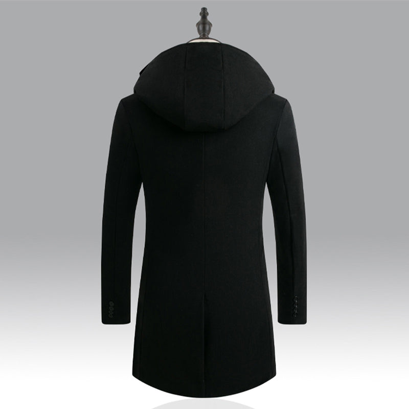 Men's Mid-Length Woolen Padded Hooded Trench Coat