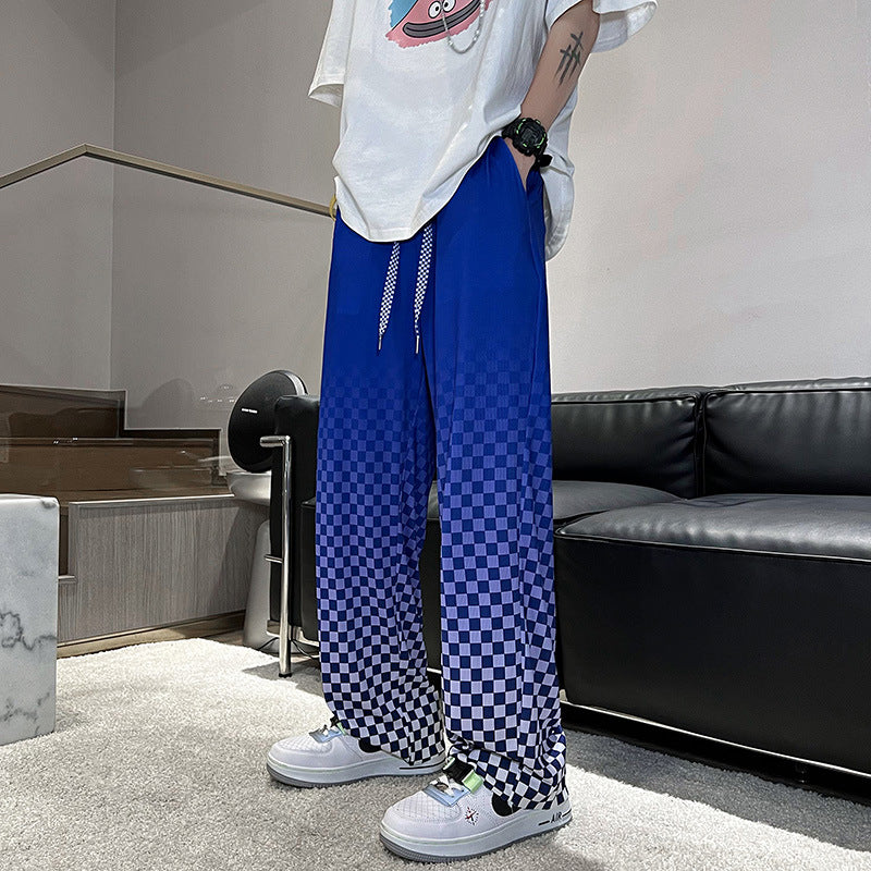 Gradient Color Chessboard Grid Ice Silk Mop Trousers