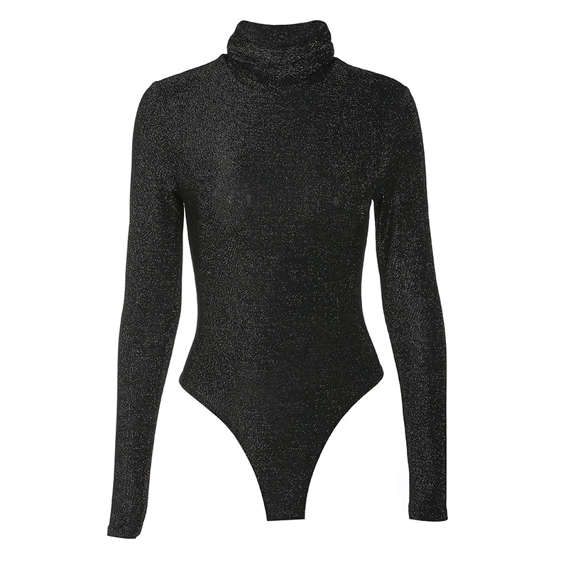 Black Gold Silk Sexy Half Turtleneck Bodysuit