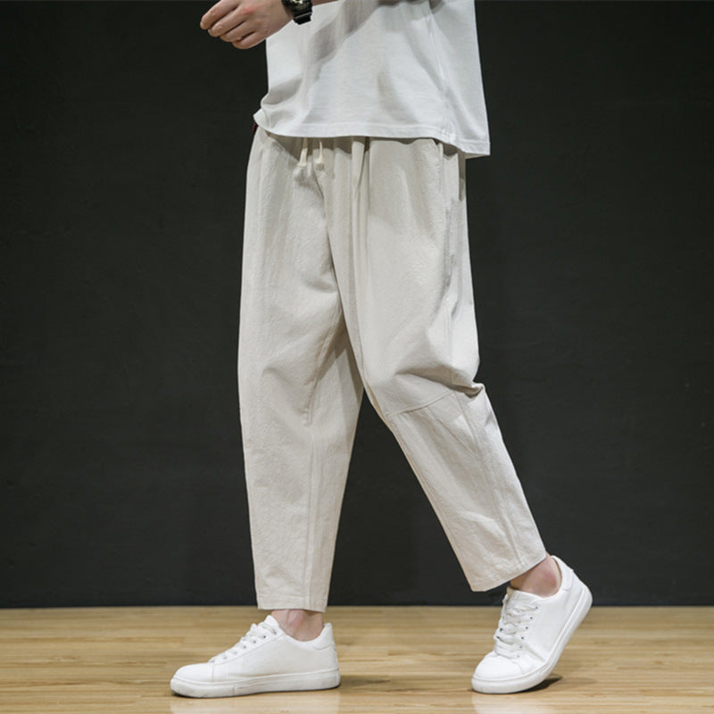 Men's Cotton And Linen Loose Linen Straight-leg Cropped Trousers