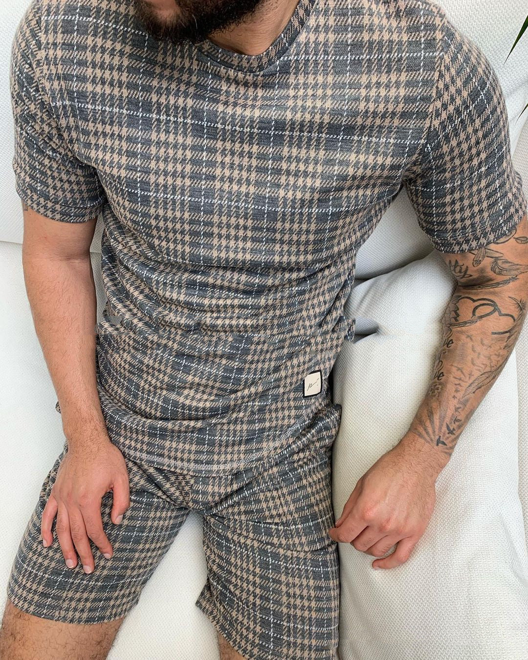 Summer New Men's Plaid Shirt Shorts Two-Piece Suit